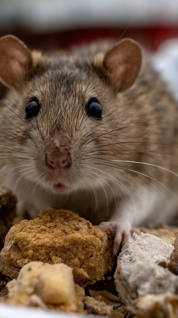 Una vista ravvicinata di un piccolo roditore marrone che ispeziona il suo cibo nel suo habitat naturale, catturato in due fotogrammi distinti che ne evidenziano le caratteristiche e il comportamento.