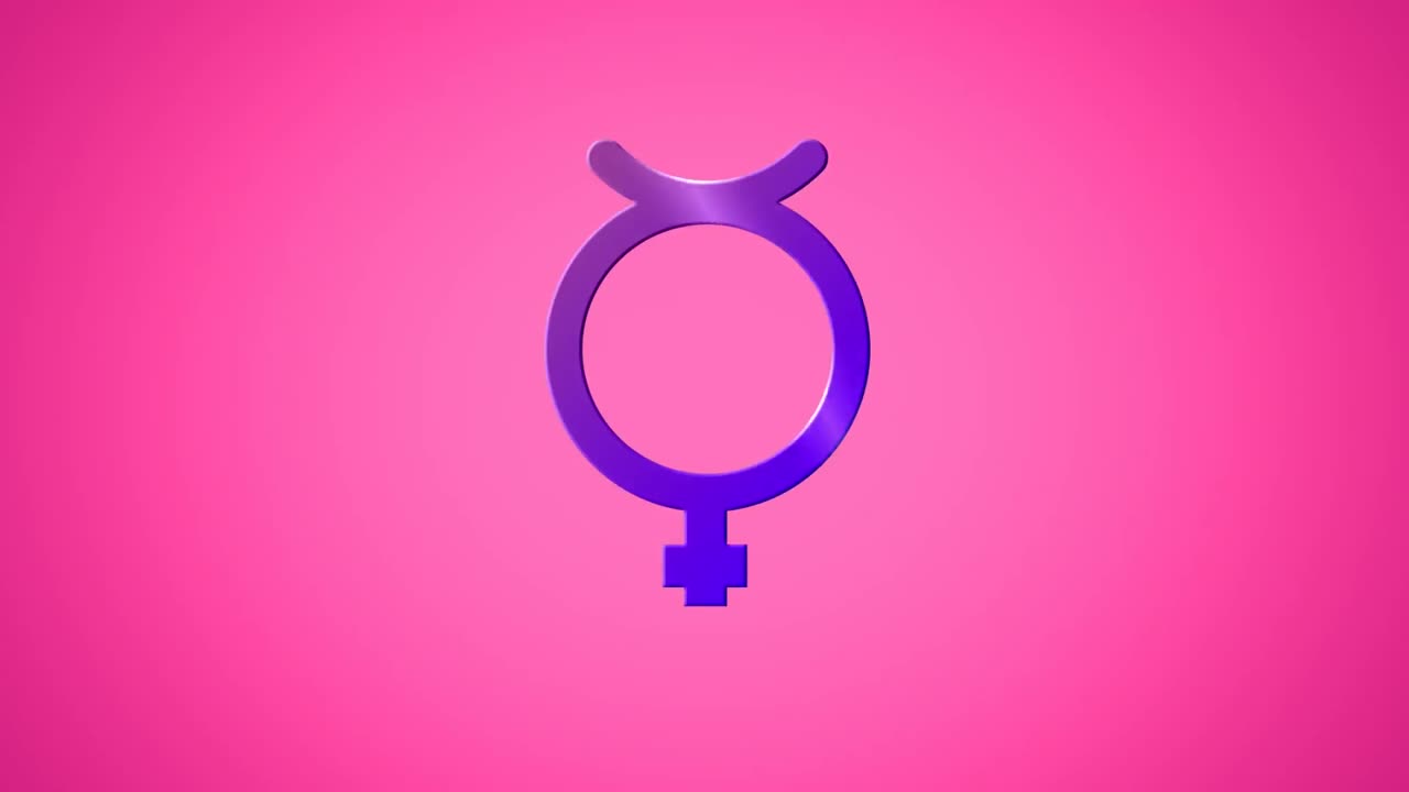 animación de un símbolo no binario púrpura sobre un fondo rosa