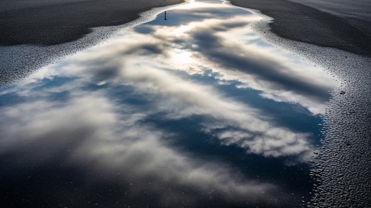 Serene Reflections: A Tranquil View of Clouds and Sky Mirrored in a Still Water Puddle on an Urban Surface at Dusk