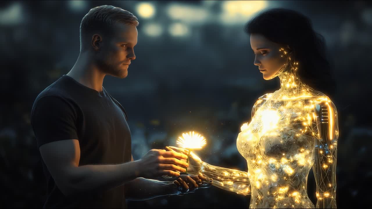 A Futuristic Encounter: A Human and a Robotic Companion Share a Moment of Connection Surrounded by Natural Beauty, Blending Technology with Humanity and Emotion