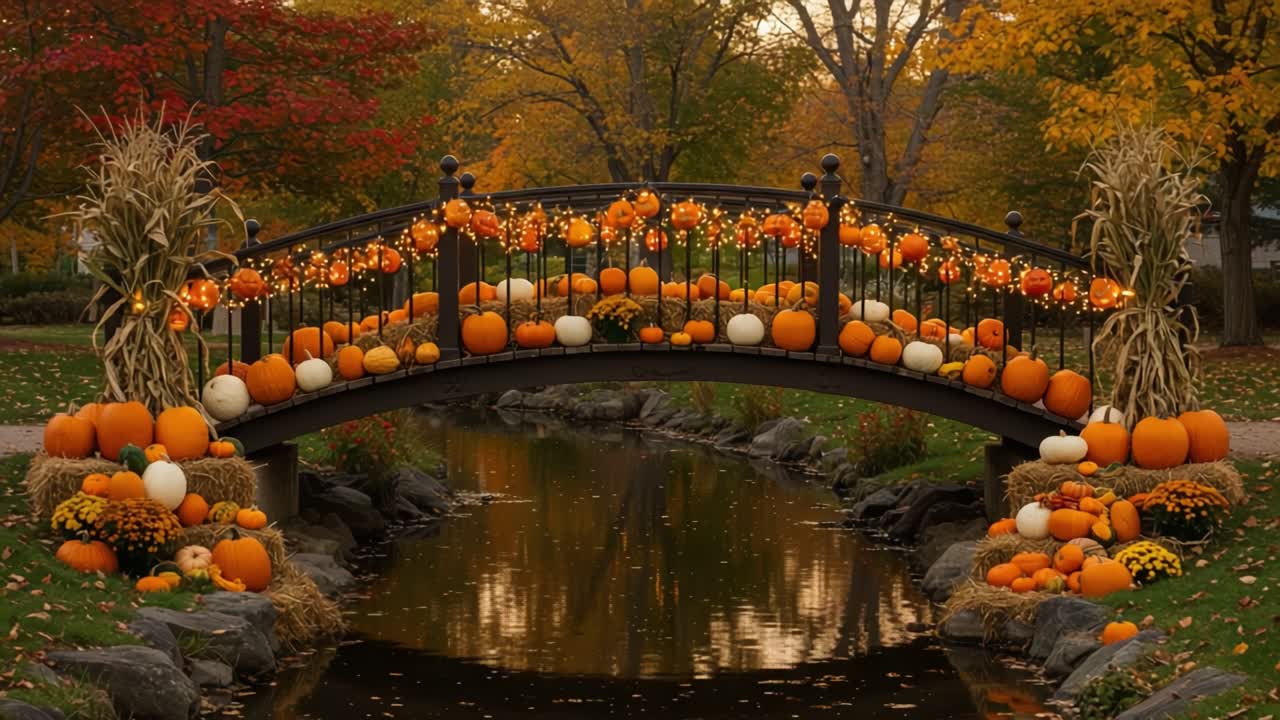 A picturesque autumn scene featuring a charming bridge adorned with vibrant pumpkins and decorative lights, set against a backdrop of fall foliage and tranquil waters