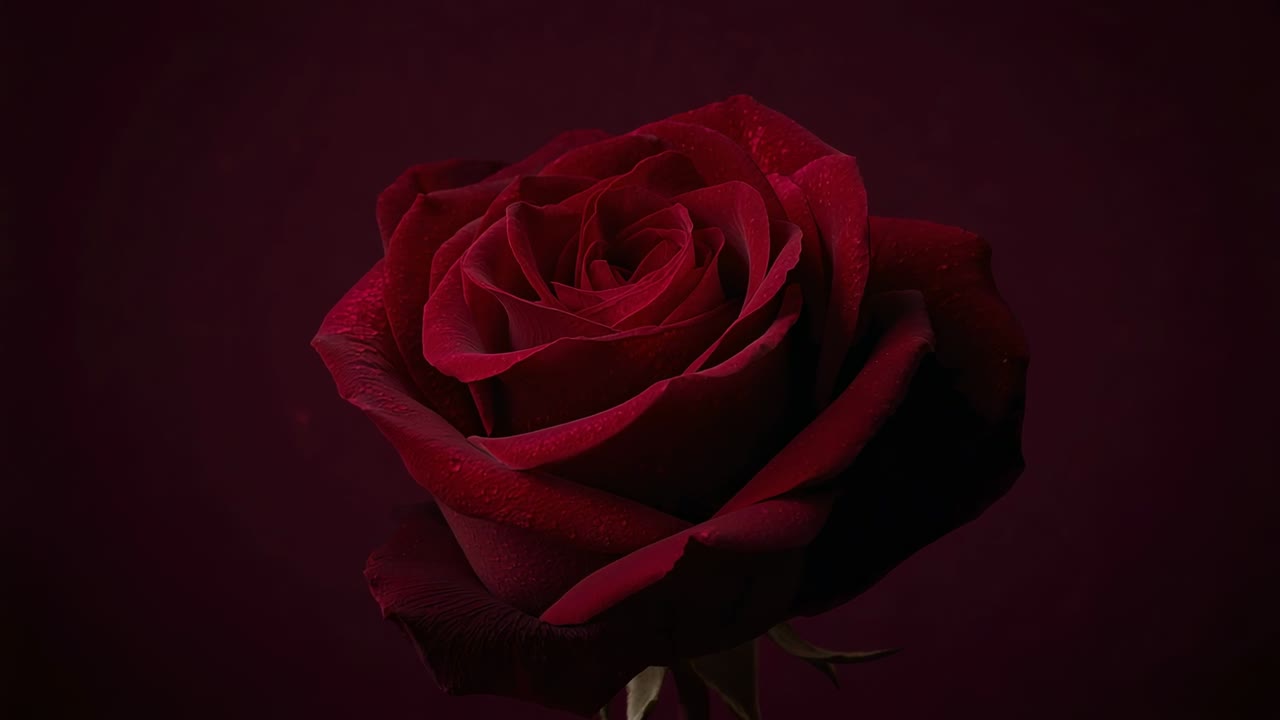 Avanzamento dei fotogrammi che spingono il singolo bocciolo di rosa rosso intenso più vicino nello studio, rivelando petali e rugiada