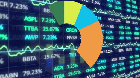 Animation-Der-Finanzdatenverarbeitung-Und-Kreisdiagramm-Auf-Dunklem-Hintergrund