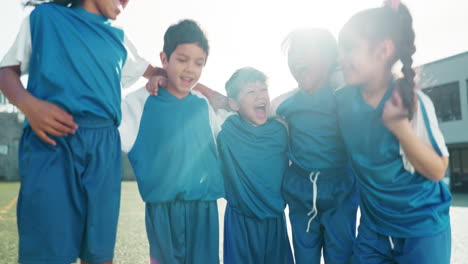 kids, soccer and jump in team celebration