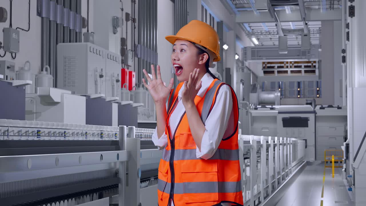 Woman in Factory Showing Surprise