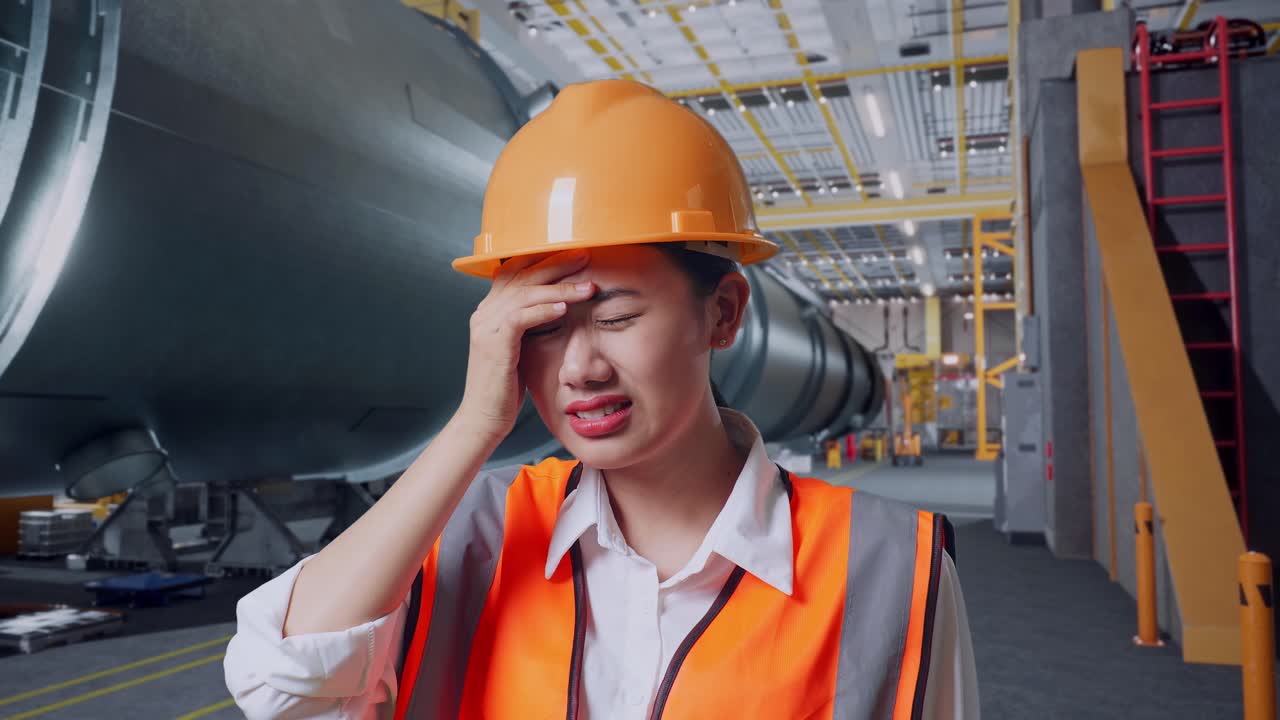안전 헬을 입은 아시아 여성 엔지니어가 파이프 제조 공장에서 일하면서 두통을 고 있습니다.