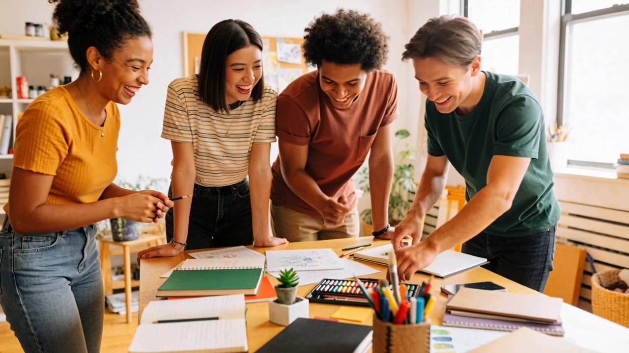 Leaning over notes sparking ideas, group of four in casual shirts marking sketches on wooden table