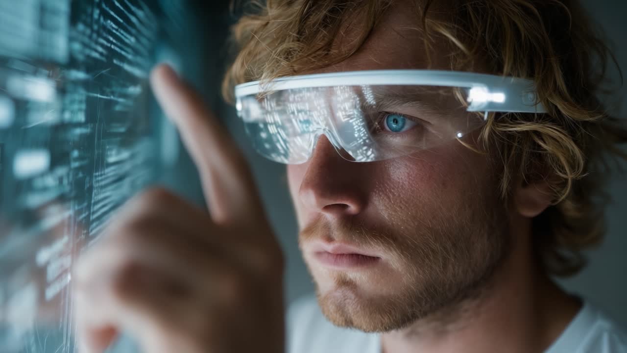 Individuo Concentrato che Utilizza Occhiali Intelligenti con Interfaccia Digitale, Evidenziando l'Intersezione tra Tecnologia e Intelletto Umano nelle Innovazioni Moderne