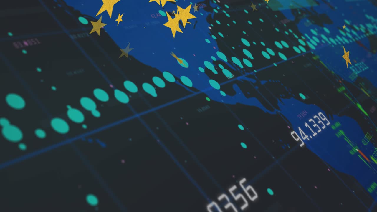 Teal circles moving diagonally in data dashboard, showing yellow stars and blurred text