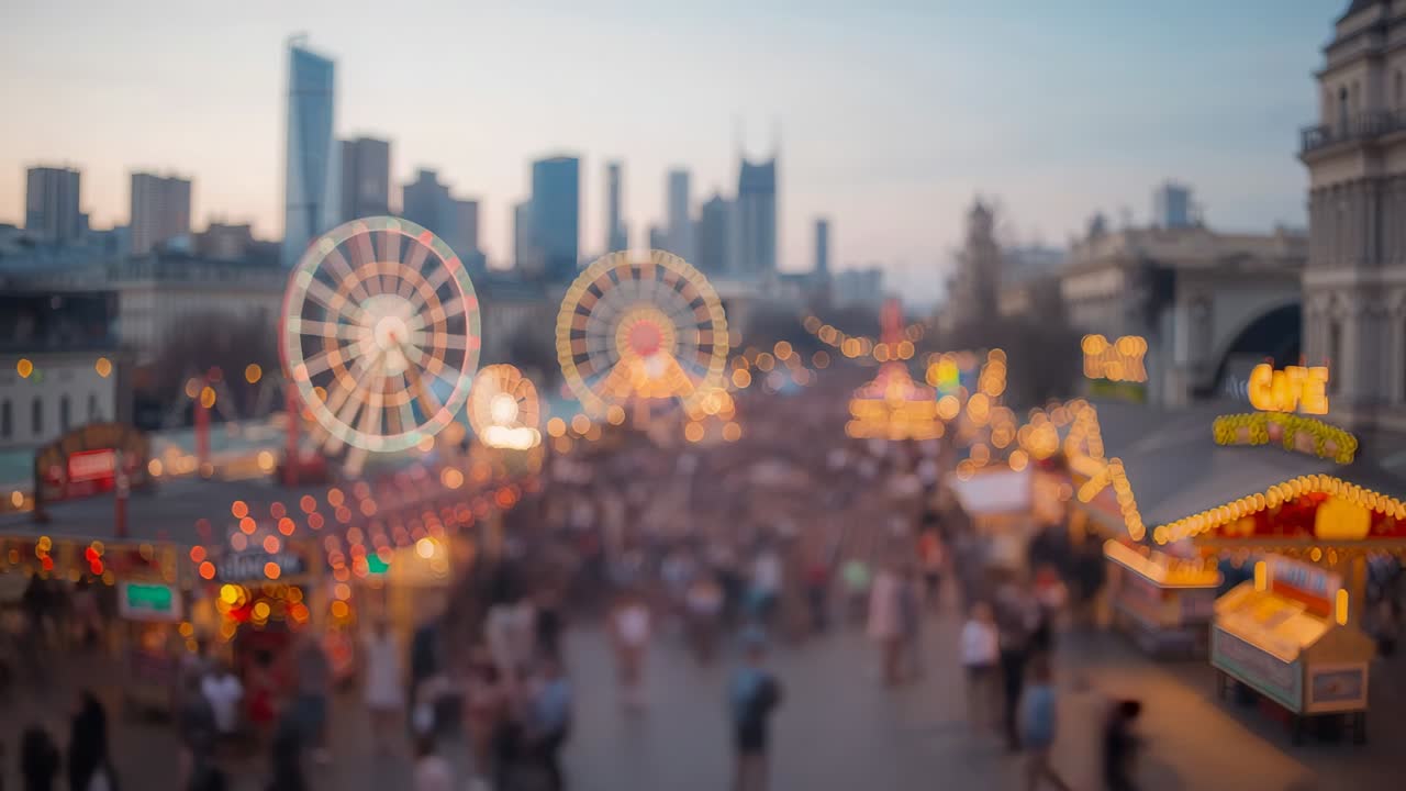 Opening shot showing carnival street dusk, capturing crowd drifting past illuminated Ferris wheels