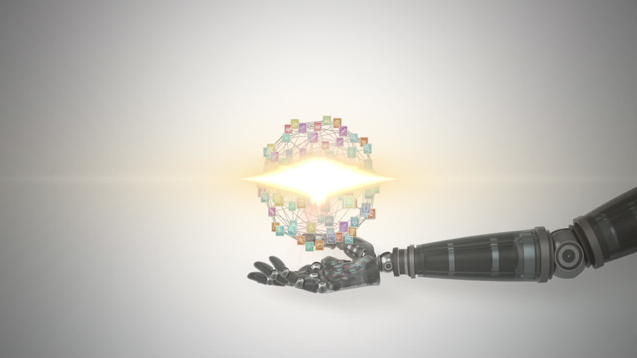 animación de una red de iconos de medios y luz brillante sobre la mano del brazo del robot, sobre un fondo gris