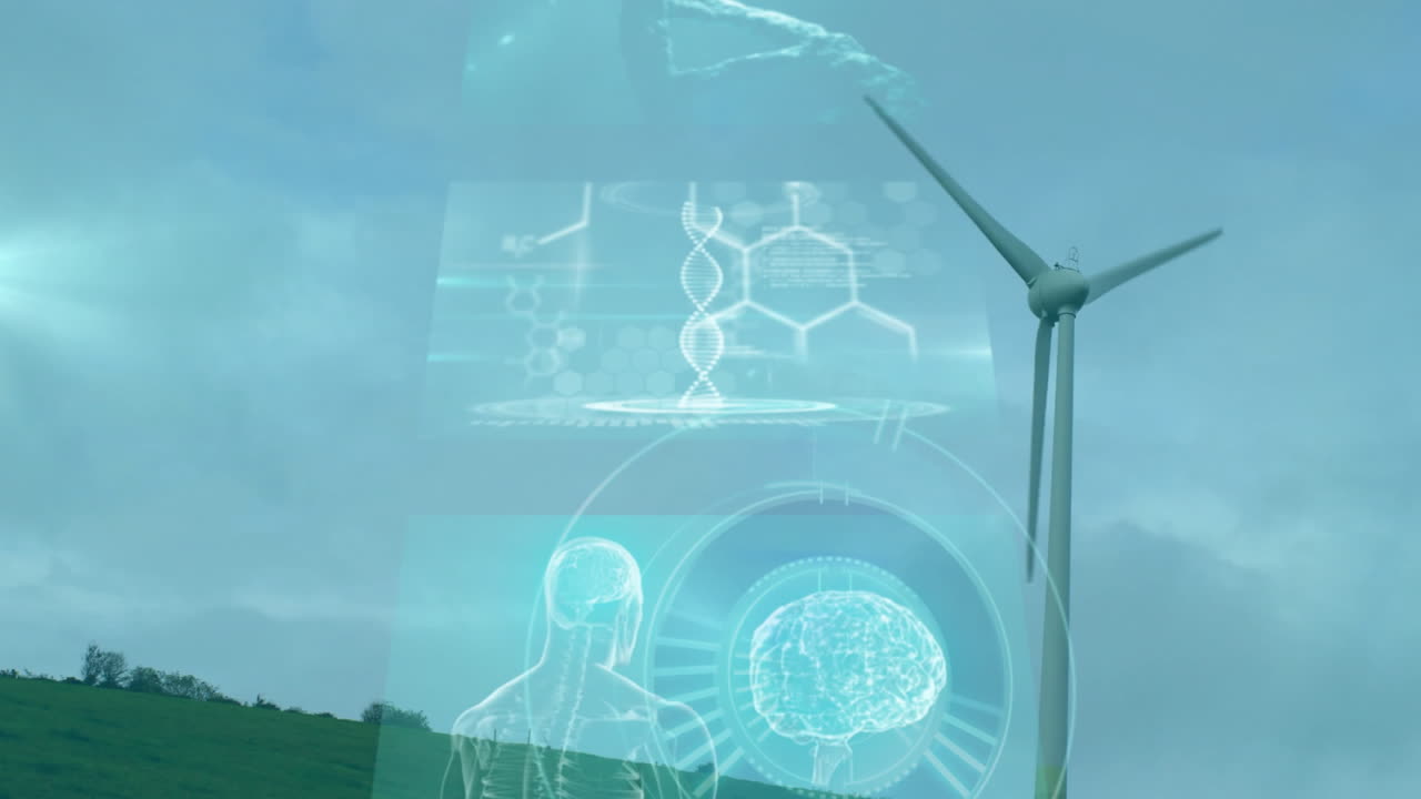 Animation of digital DNA and brain graphics overlaying landscape with wind turbine
