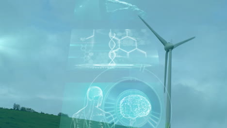 animation of digital dna and brain graphics overlaying landscape with wind turbine