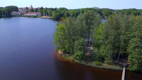 island-Great-aerial-top-view-flight-Vacation-paradise-village-Chlum-at-Lake-Hejtman-in-Czech-Summer-day-2023