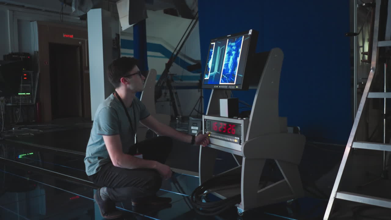 Young man interacting with computer monitor in modern studio setup, wearing glasses, adjusting equipment in digital workspace with timer displayed on screen, professional tech production setting