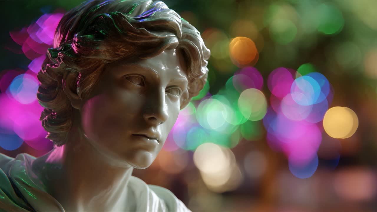 Un impresionante primer plano de una escultura de mármol con un fondo suavemente desenfocado de luces de colores que crea una atmósfera de ensueño.