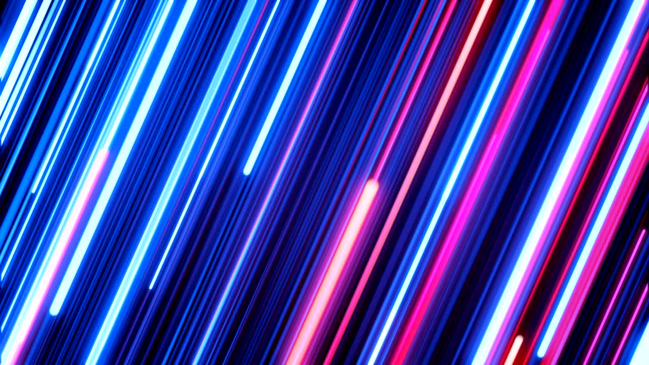 hermosos senderos diagonales de neón de colores que se mueven iluminando. rosa y azul sobre negro. concepto de diseño digital. animación en 3d en bucle de líneas brillantes