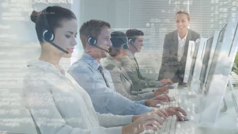 Animation-of-data-processing-over-business-people-using-phone-headsets