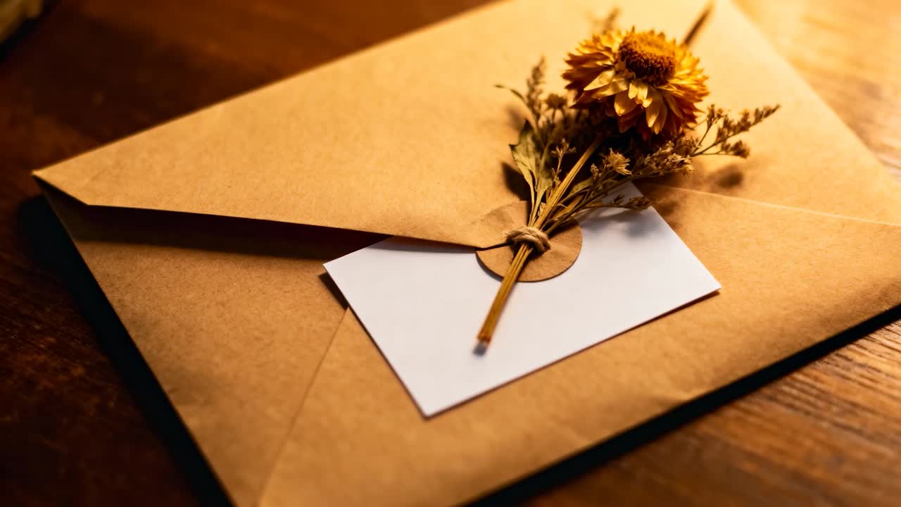 Sollevamento della patta di una busta, carta kraft che mostra un biglietto bianco su un tavolo di legno, con un fiore giallo essiccato