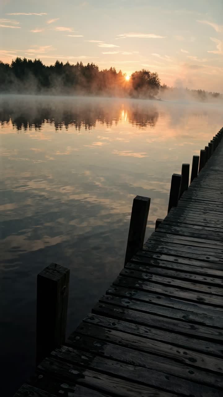 A serene video scene captures a misty sunrise over a lake from a low angle, highlighting a wooden