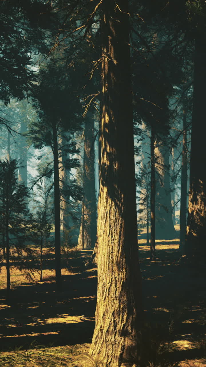Sunlight filtering through tall trees in a serene forest landscape
