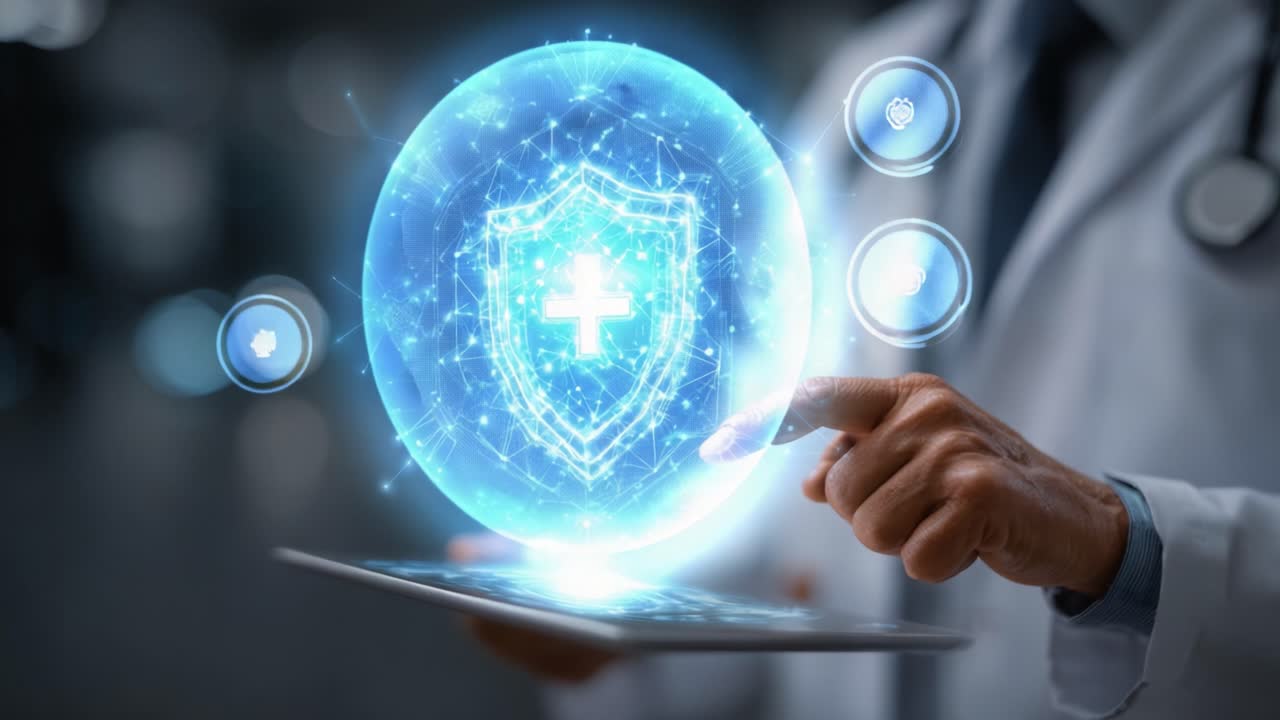 Een Medisch Professional met een Digitale Gezondheidsschildinterface, die Geavanceerde Technologie in de Gezondheidszorg en Patiëntbescherming Toont