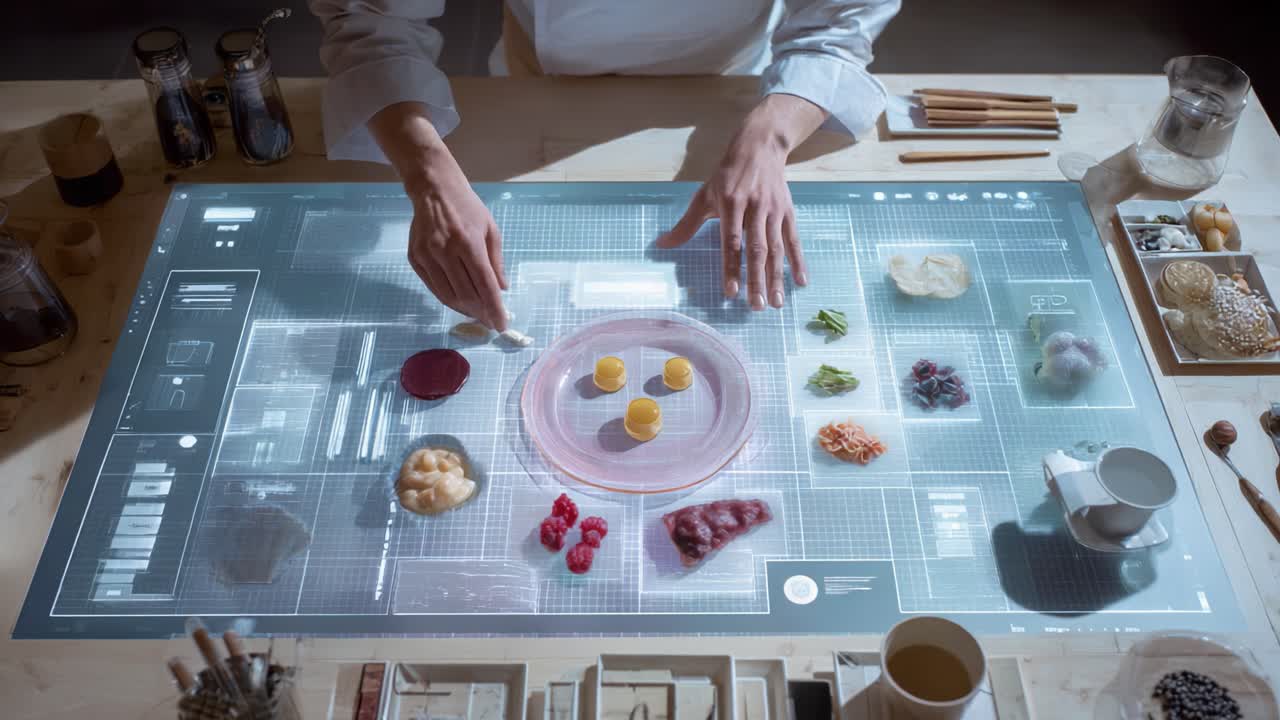 Innovative Culinary Artistry: A Chef's Precision and Creativity on a Digital Interactive Surface Showcasing Culinary Elements and Techniques for a Unique Gastronomic Experience