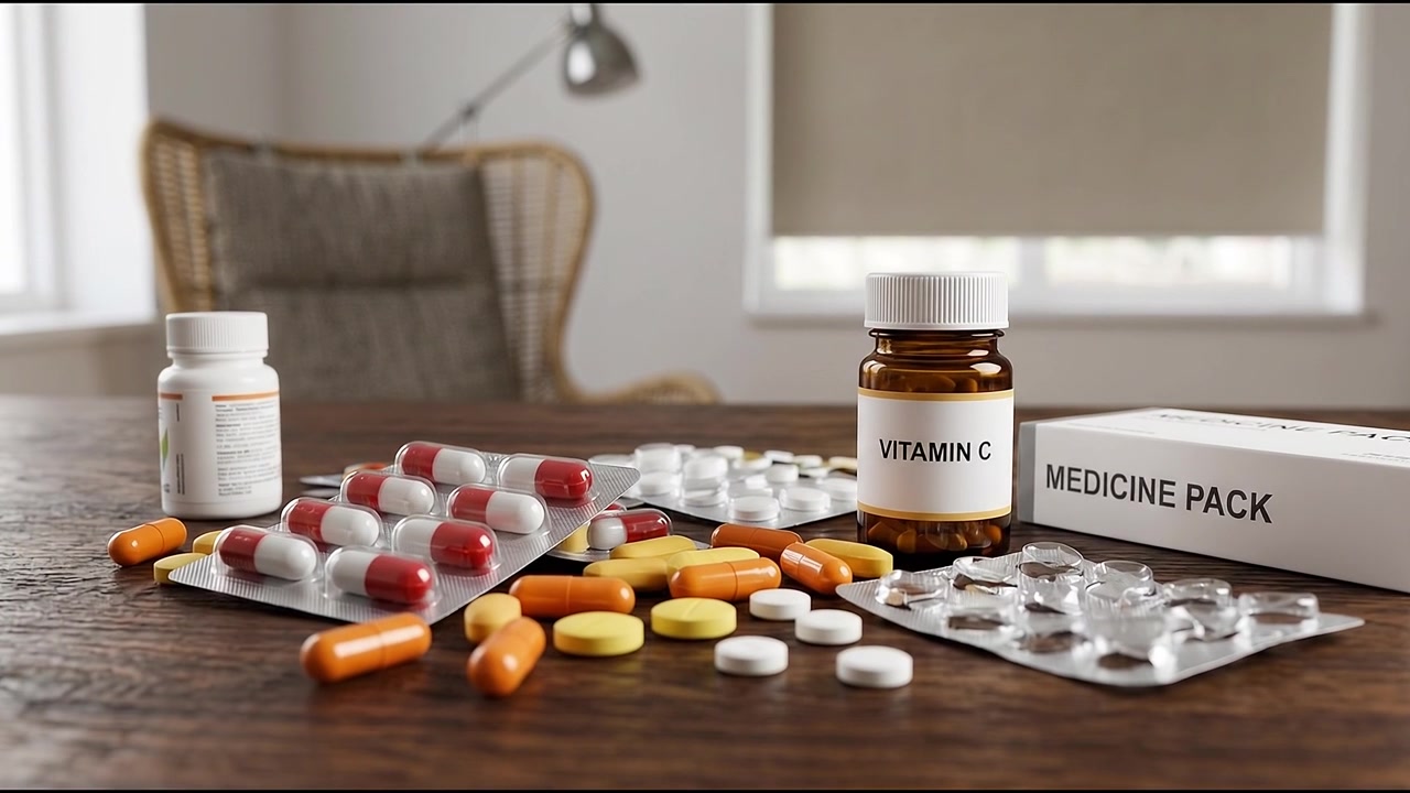 Medical supplements and pharmaceutical pills scattered near medicine bottle on wooden healthcare workspace table