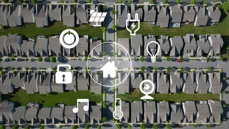 animated icons of smart home. modern neighborhood with technology. aerial view of a suburban neighborhood with identical homes in neat rows.