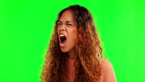 angry, screaming and woman in green screen studio