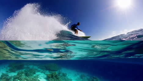surfer riding waves with underwater views and coral reefs
