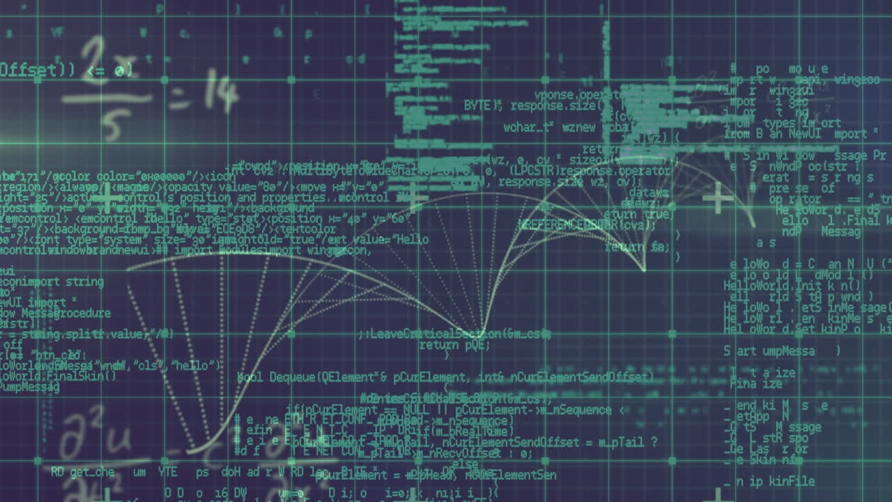 Animation of equations and particles forming helix over processing green data