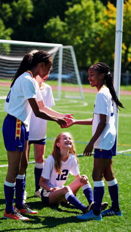 young girls celebrating on a soccer field