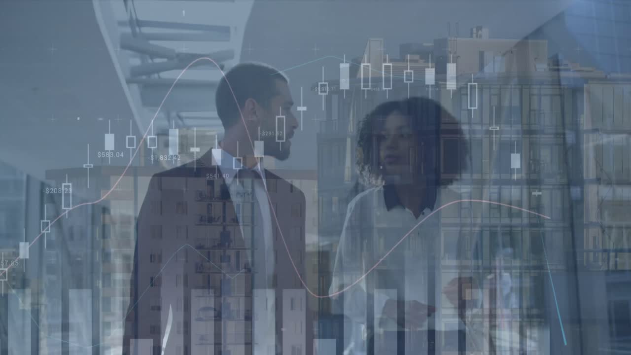 animación de gráficos financieros sobre diversos hombres y mujeres de negocios en la oficina