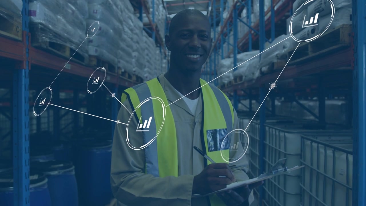 Worker checking clipboard, starting data nodes appearing and linking racks, showing stock flow