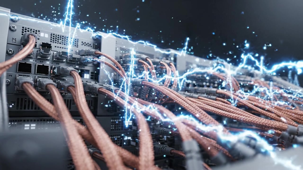 Intricate Network of Cables and Circuits with Dynamic Electric Pulses in a Modern Data Center Environment Showcasing High-Tech Connectivity and Energy Flow