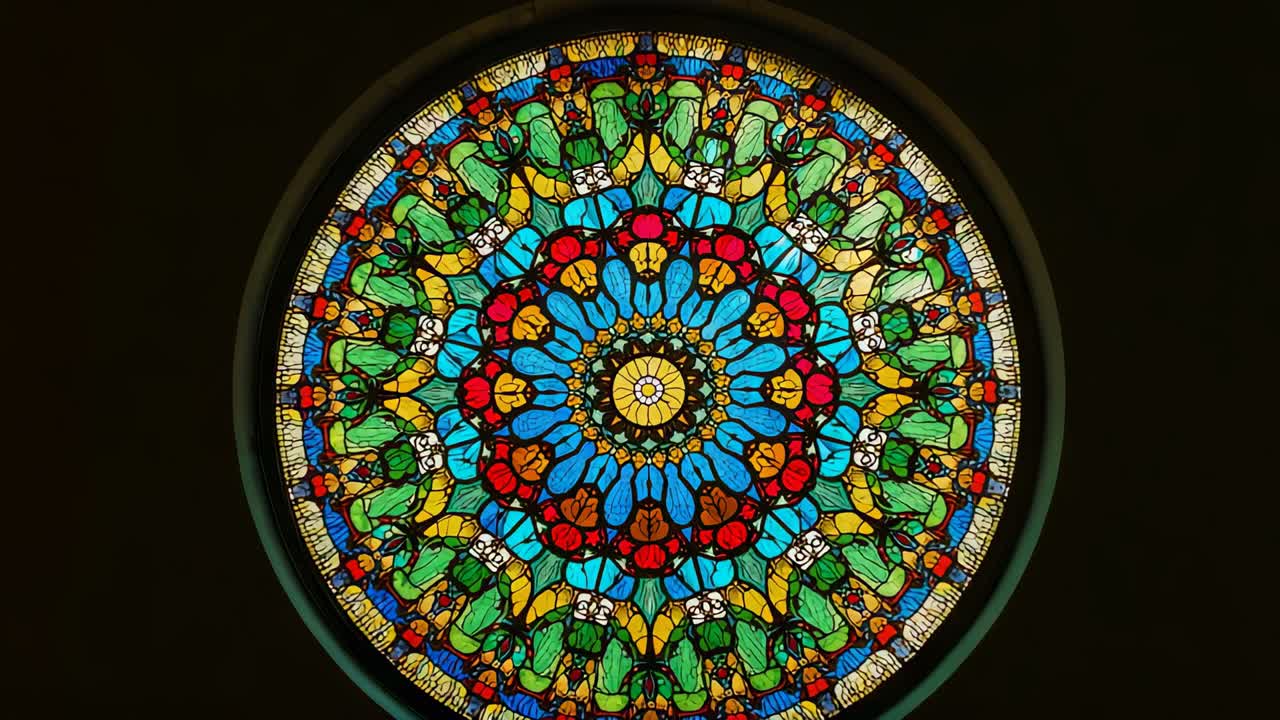 Holding fixed camera on stained glass window inside chapel showing kaleidoscopic patterns