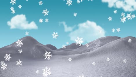 Animation-Von-Schnee,-Der-über-Winterlandschaft-Und-Himmel-Fällt