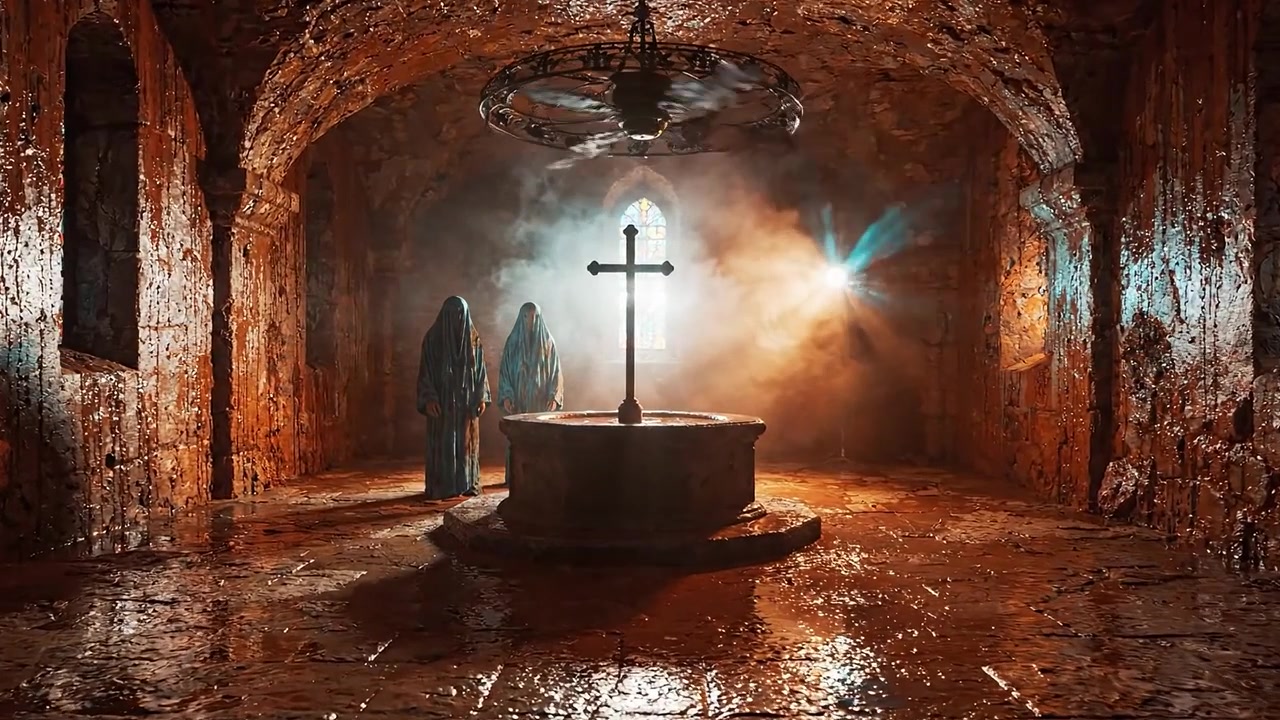 Incontro inquietante in una cappella abbandonata con figure ombrose e una croce illuminata da una luce misteriosa in un'ambientazione scura e suggestiva.
