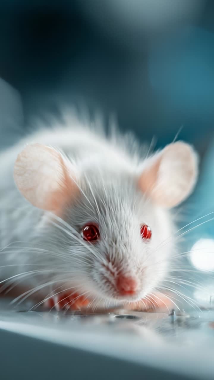 Primo piano di un adorabile topolino bianco con caratteristici occhi rossi che posa in modo accattivante su una superficie leggermente ruvida in un ambiente con illuminazione soffusa