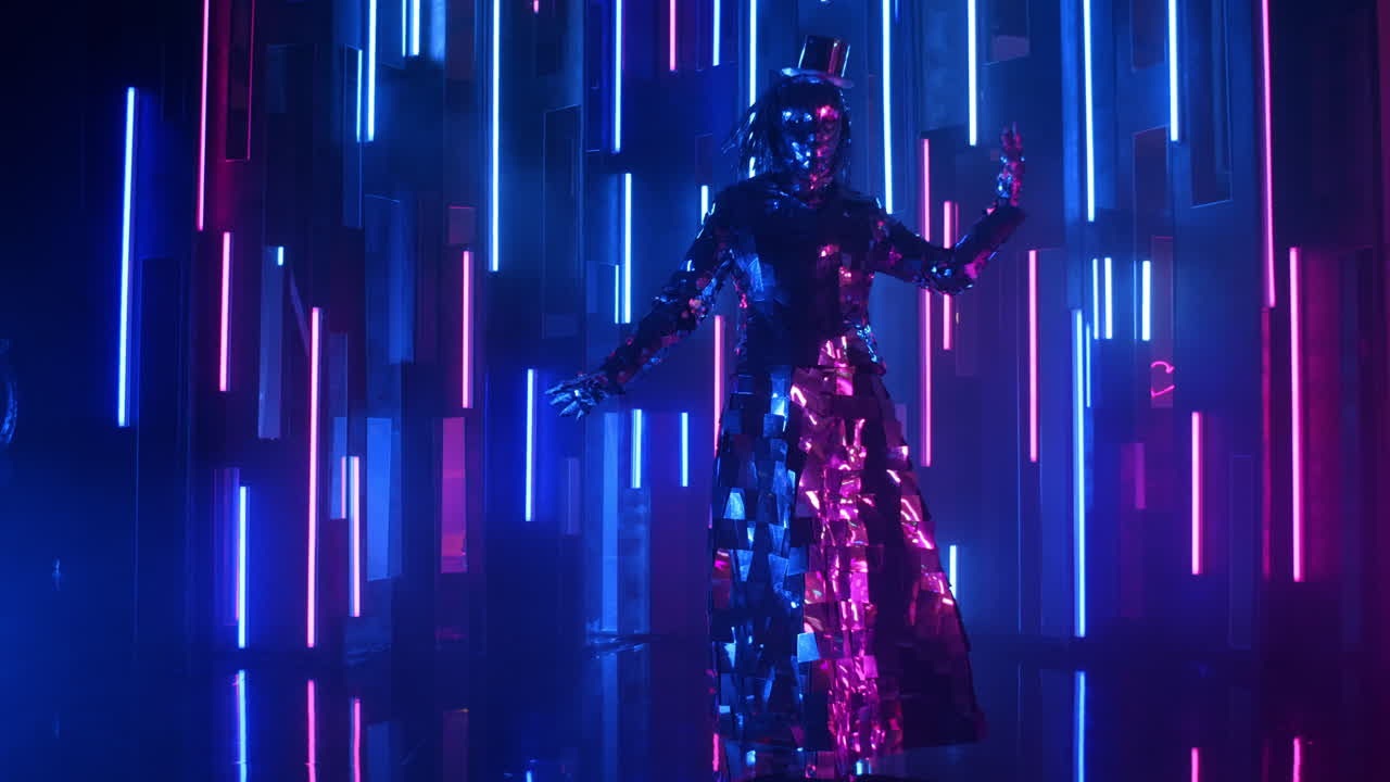 traje brillante mujer espejo en el fondo de la pared azul y púrpura. mostrar la gente espejo.