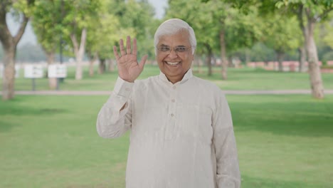 Happy-Indian-old-man-waving-hand-in-park