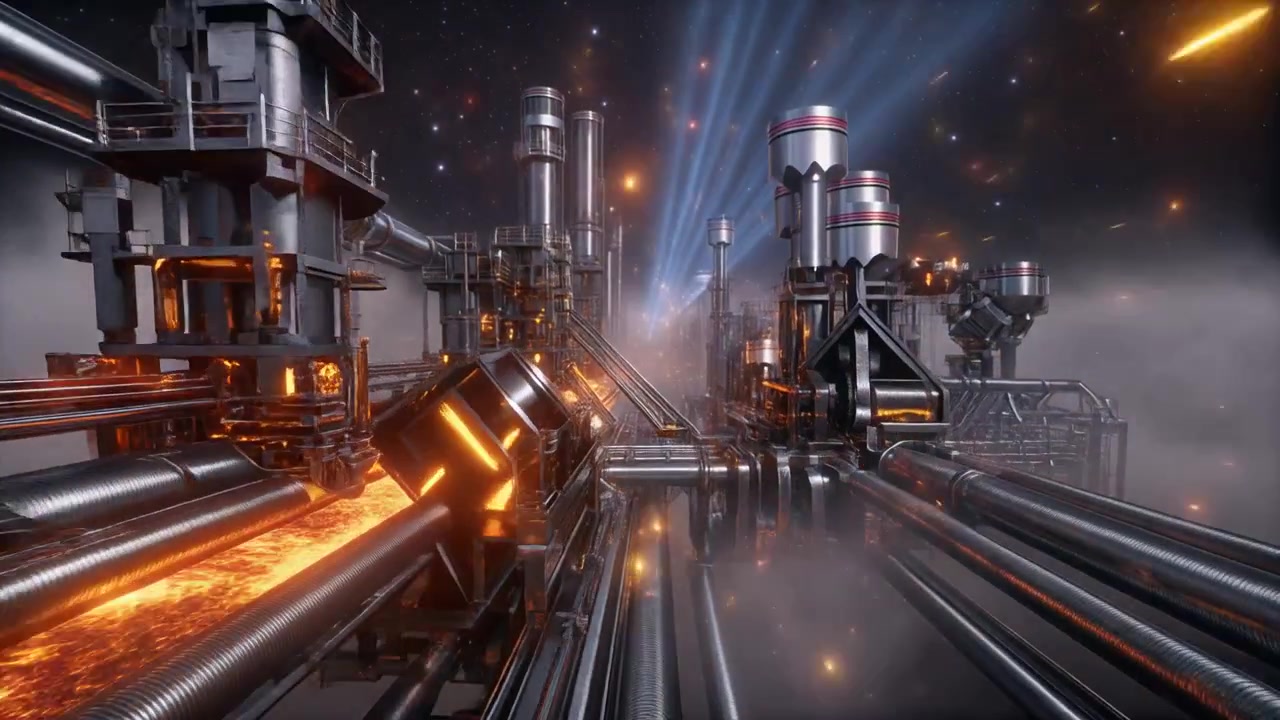 Futuristic Industrial Space Station with Glowing Molten Metal Pipes