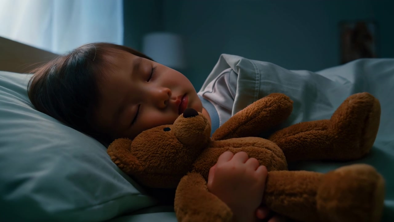 A young child lies peacefully on a bed with a brown teddy bear under a light blanket in a quiet, softly lit bedroom. The calm indoor scene shows a restful