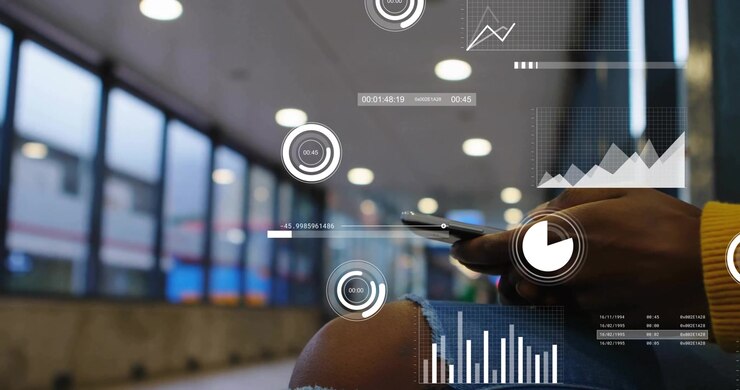 Woman tapping smartphone then swiping thumb in transit station, animating live analytics dashboard