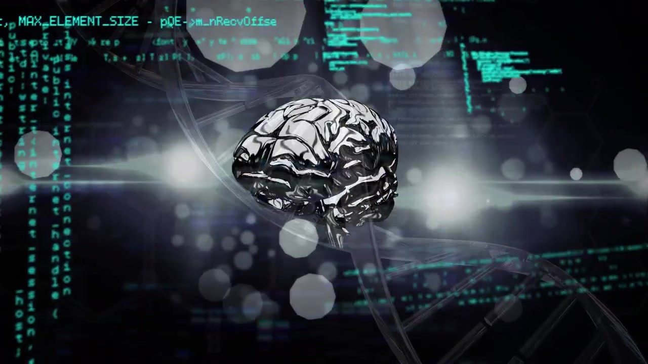 Data processing over dna structure and human brain against spots of light on black background