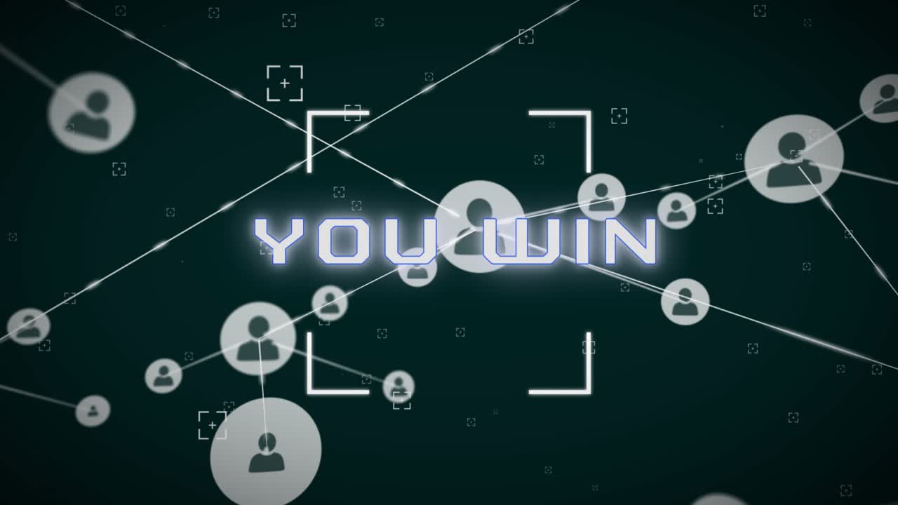 Animation of you win text and network of connections on black background