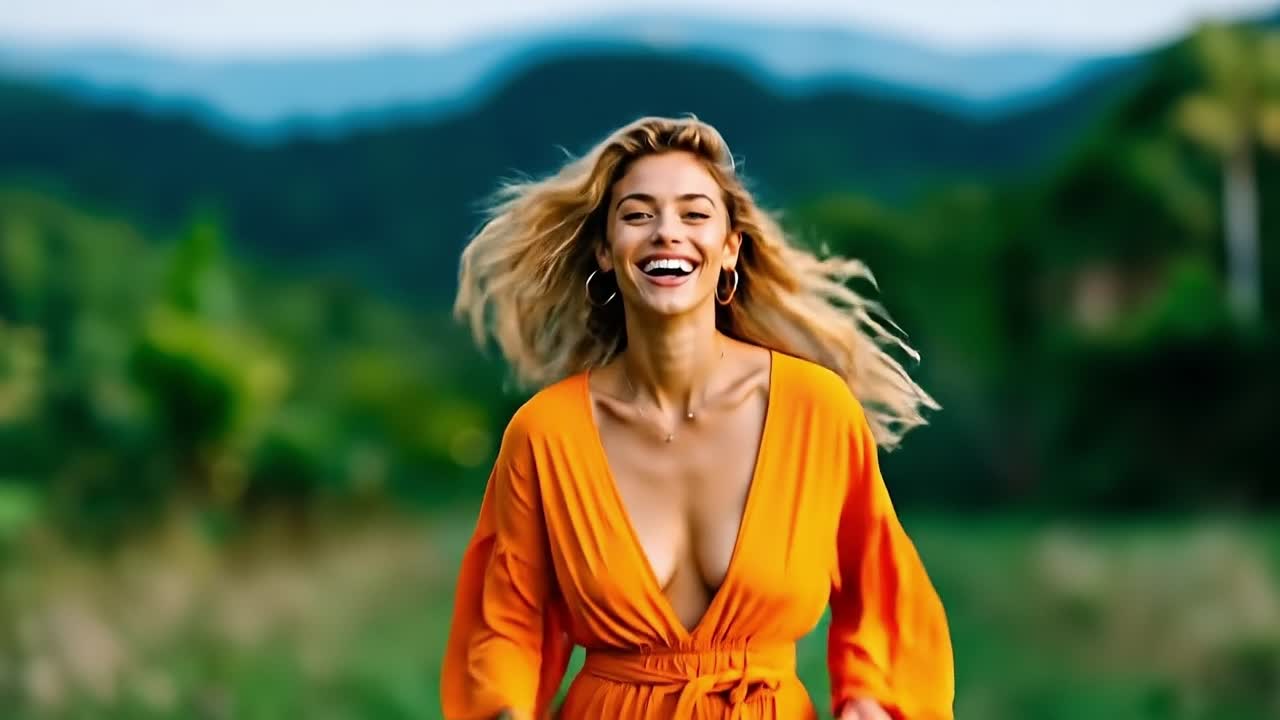 Una donna con un vestito arancione che corre in un campo