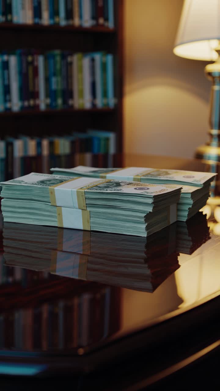 Stacks of cash on a polished table, warm lighting from a lamp, captured from a low angle