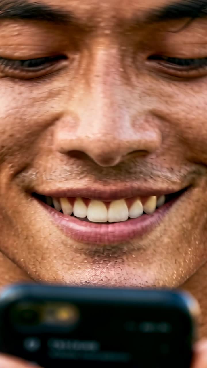 Vertical video: Tapping phone screen, man glancing down and smiling while reading message outdoors